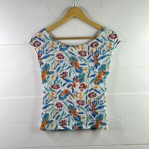 BLACK POPPY White Blue Red Green Abstract Floral Bow Tie Back Shirt Top Size S